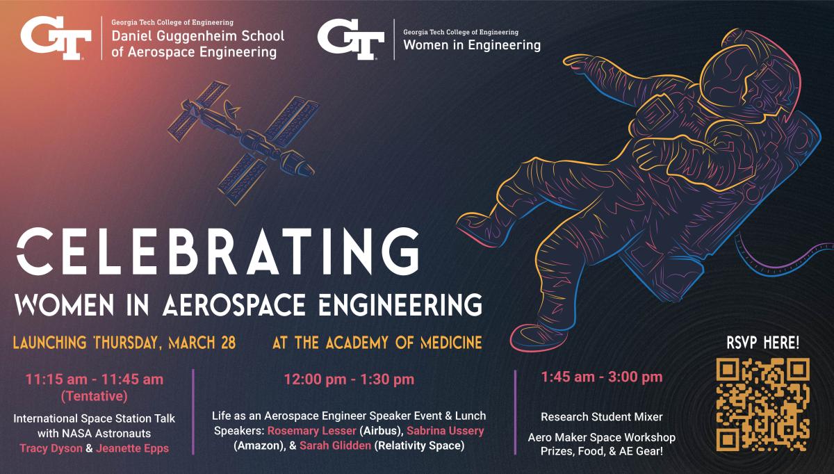Graphic promoting the Celebrating Women in Aerospace Engineering event hosted by the Aerospace Engineering School and College of Engineering at Georgia Tech. 